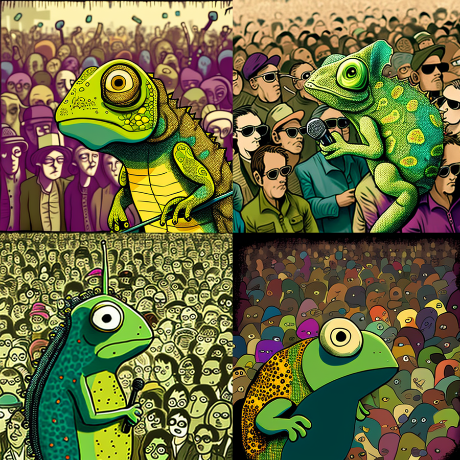 Midjourney Chameleon and a crowd