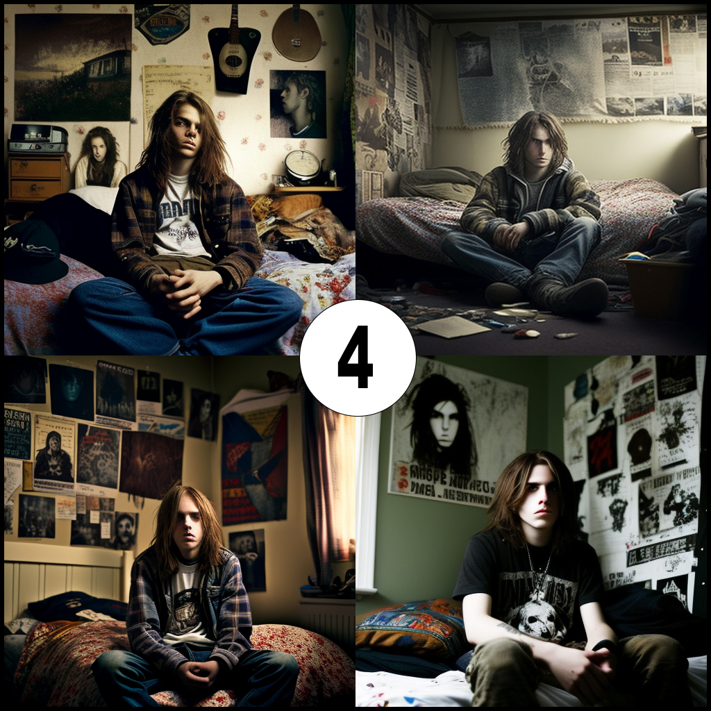 teenage boy with long hair wearing grunge alternative clothing sitting in his bedroom, with the bed not made up, posters on the wall of nirvana and other alternative bands MIDJOURNEY 4
