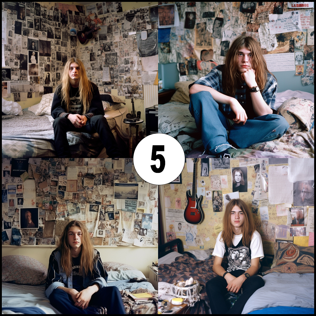 teenage boy with long hair wearing grunge alternative clothing sitting in his bedroom, with the bed not made up, posters on the wall of nirvana and other alternative bands MIDJOURNEY 5