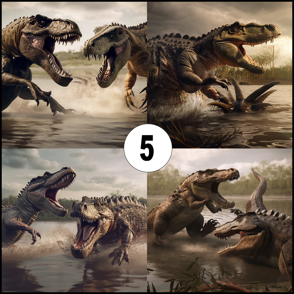Tyrannosaurus rex and Alligator fighting Midjourney 5