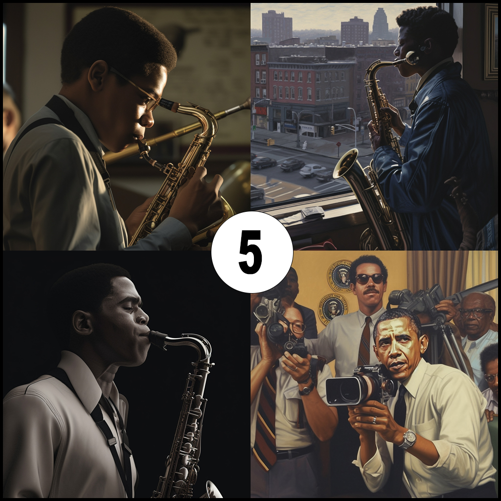 Barack Obama as a teenager playing saxaphone in a blues band:: cinematic view:: high detail:: photorealistic:: MIDJOURNEY 5
