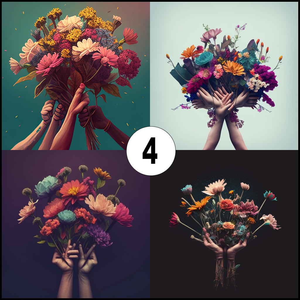 12 hands in the air holding flowers MIDJOURNEY 4