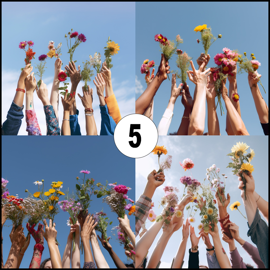 12 hands in the air holding flowers MIDJOURNEY 5